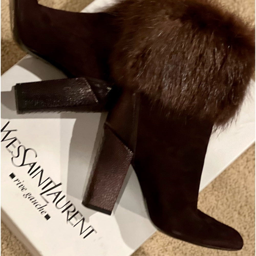 Luxurious brown suede boots, fur topped and alligator print leather heal.